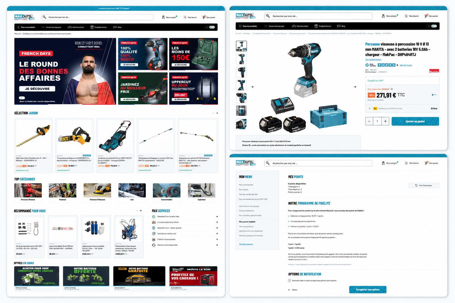 Montage éditorial inspiré du site MaxOutil, montrant l'accueil, le catalogue, la fiche produit et l'espace client