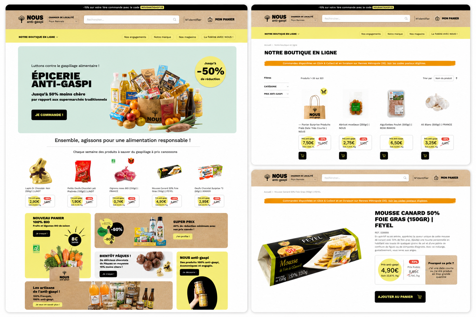 Montage éditorial inspiré du site NOUS anti-gaspi, montrant la home, la boutique en ligne et une fiche produit